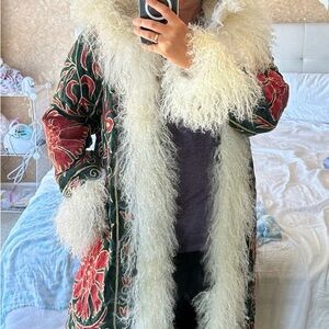 Floral Embroidered Coat with real Fur Trim